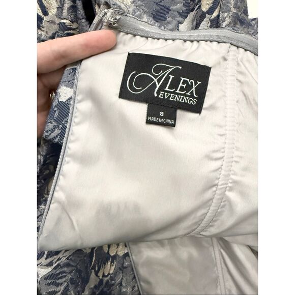 Alex Evenings Womens Blue Silver Floral Brocade Off the Shoulder Gown Size 8 - Picture 5 of 6